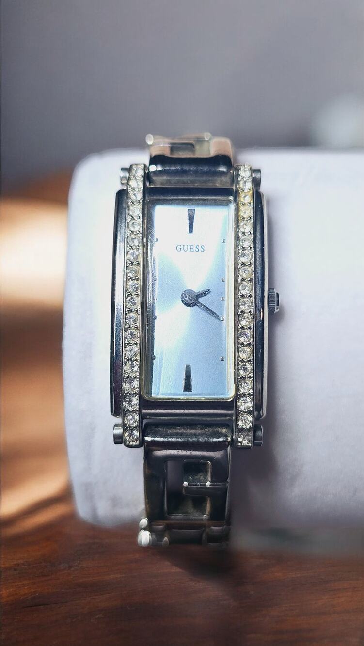 Guess Silver-Tone Crystal Tank-Style Bracelet Watch Rectangular Y2K Aesthetic